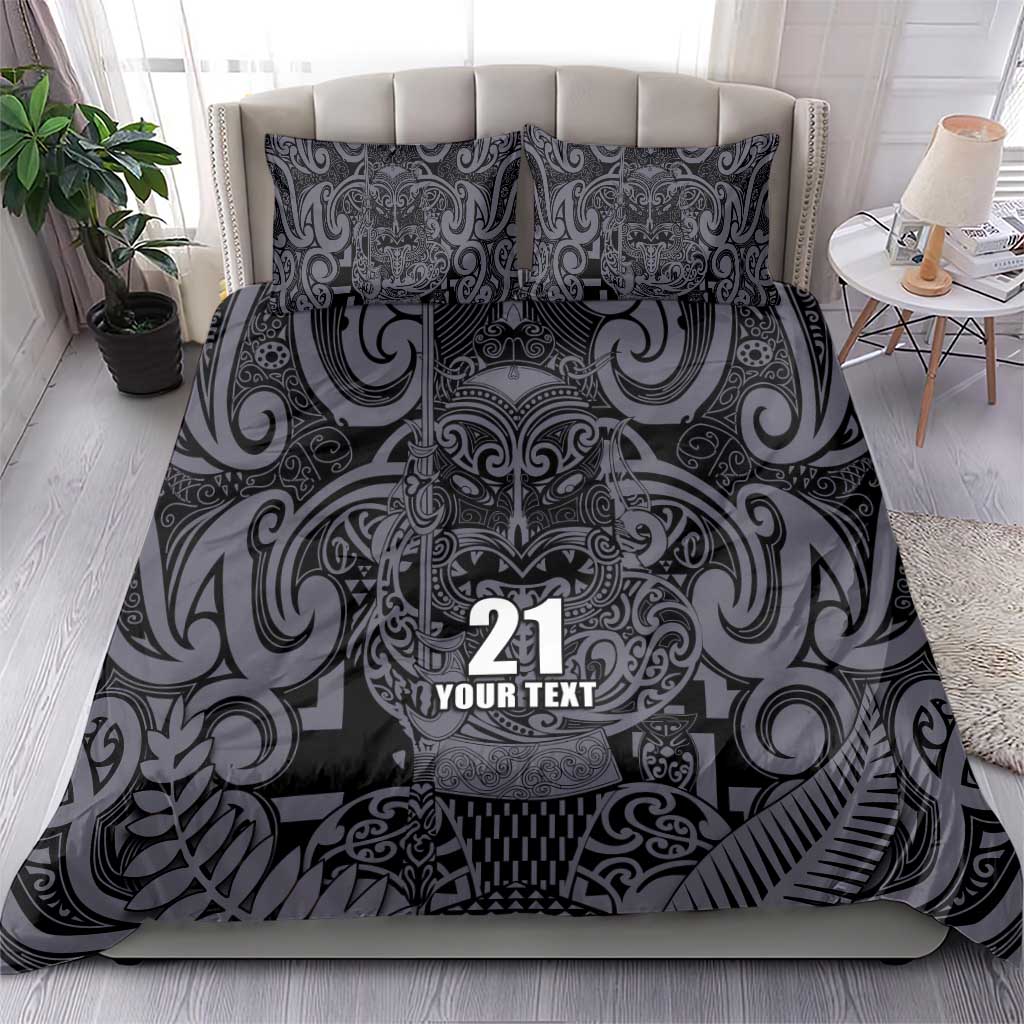 Custom New Zealand Taiaha Maori Bedding Set Minimalist Silver Fern All Black - Polynesian Pride