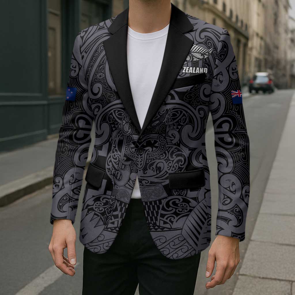 Custom New Zealand Taiaha Maori Blazer Minimalist Silver Fern All Black - Polynesian Pride