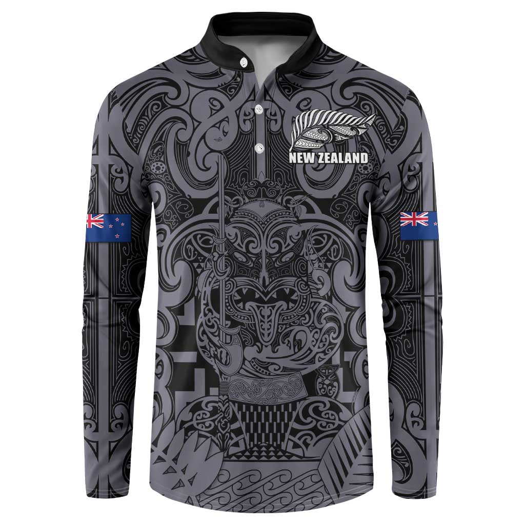 Custom New Zealand Taiaha Maori Button Sweatshirt Minimalist Silver Fern All Black - Polynesian Pride