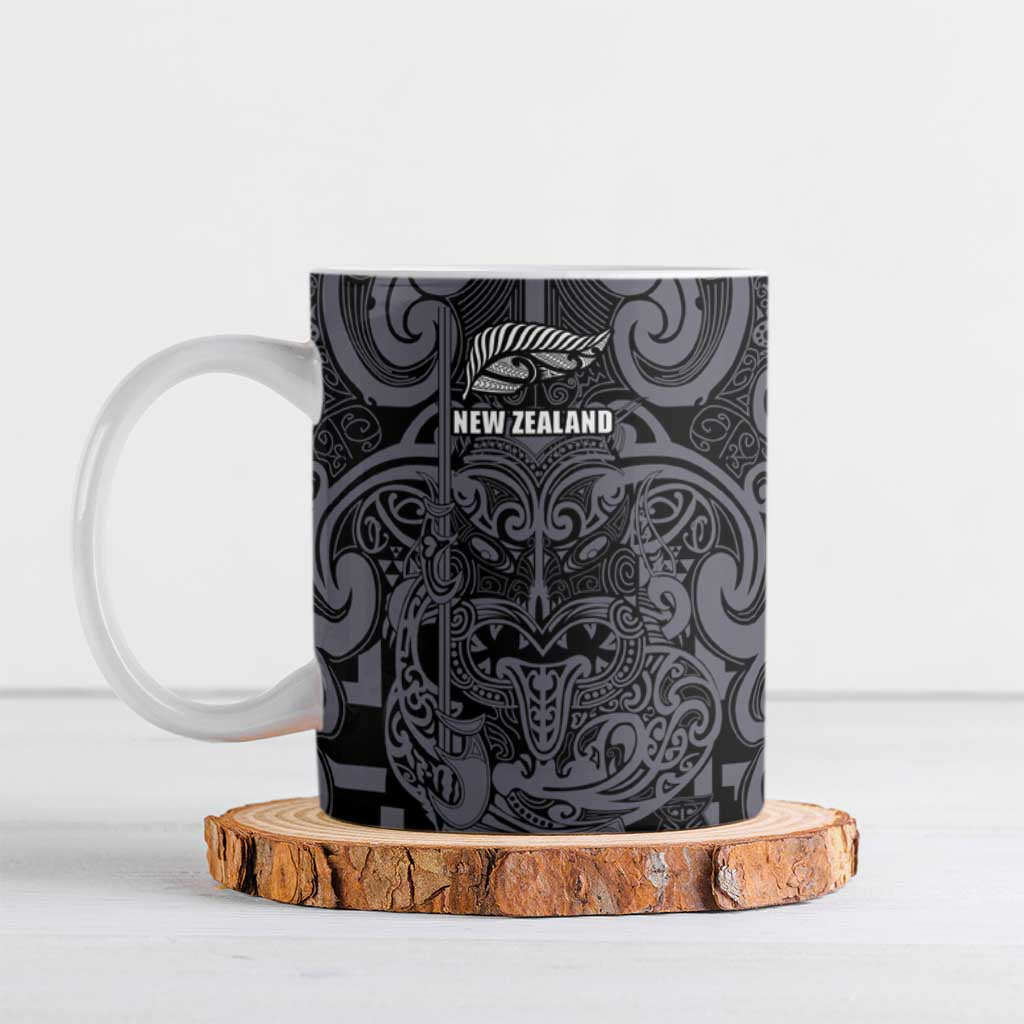 Custom New Zealand Taiaha Maori Ceramic Mug Minimalist Silver Fern All Black - Polynesian Pride