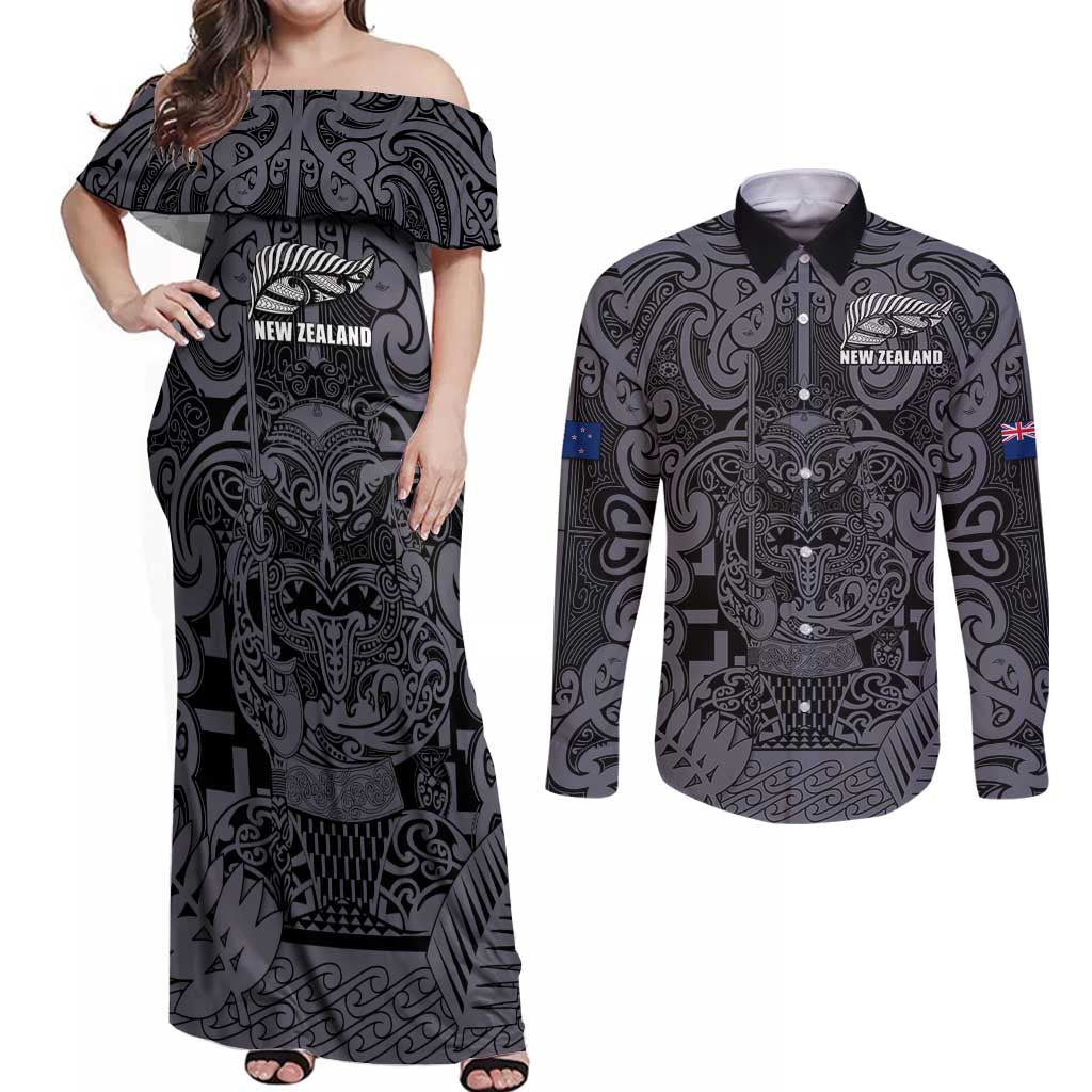 Custom New Zealand Taiaha Maori Couples Matching Off Shoulder Maxi Dress and Long Sleeve Button Shirt Minimalist Silver Fern All Black - Polynesian Pride