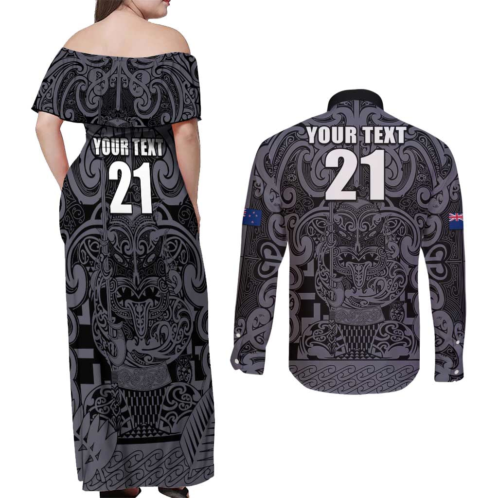 Custom New Zealand Taiaha Maori Couples Matching Off Shoulder Maxi Dress and Long Sleeve Button Shirt Minimalist Silver Fern All Black - Polynesian Pride