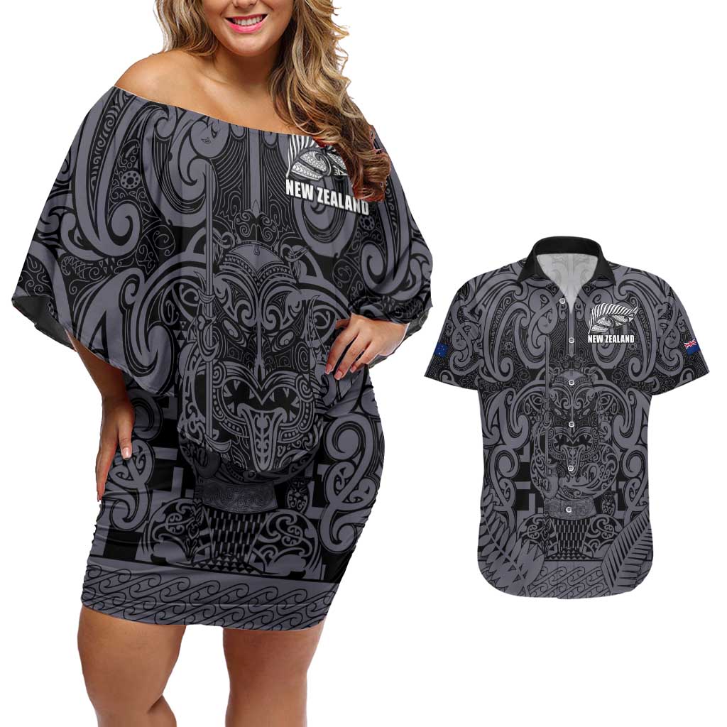Custom New Zealand Taiaha Maori Couples Matching Off Shoulder Short Dress and Hawaiian Shirt Minimalist Silver Fern All Black - Polynesian Pride