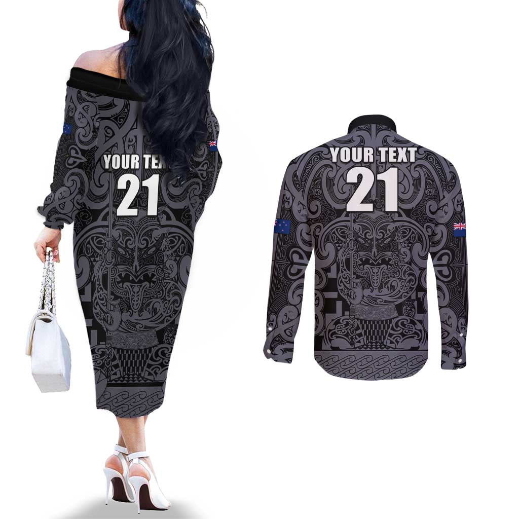 Custom New Zealand Taiaha Maori Couples Matching Off The Shoulder Long Sleeve Dress and Long Sleeve Button Shirt Minimalist Silver Fern All Black - Polynesian Pride