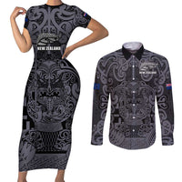 Custom New Zealand Taiaha Maori Couples Matching Short Sleeve Bodycon Dress and Long Sleeve Button Shirt Minimalist Silver Fern All Black - Polynesian Pride