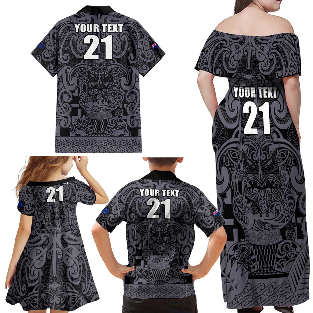 Custom New Zealand Taiaha Maori Family Matching Off Shoulder Maxi Dress and Hawaiian Shirt Minimalist Silver Fern All Black - Polynesian Pride