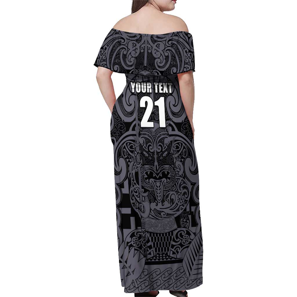 Custom New Zealand Taiaha Maori Family Matching Off Shoulder Maxi Dress and Hawaiian Shirt Minimalist Silver Fern All Black - Polynesian Pride