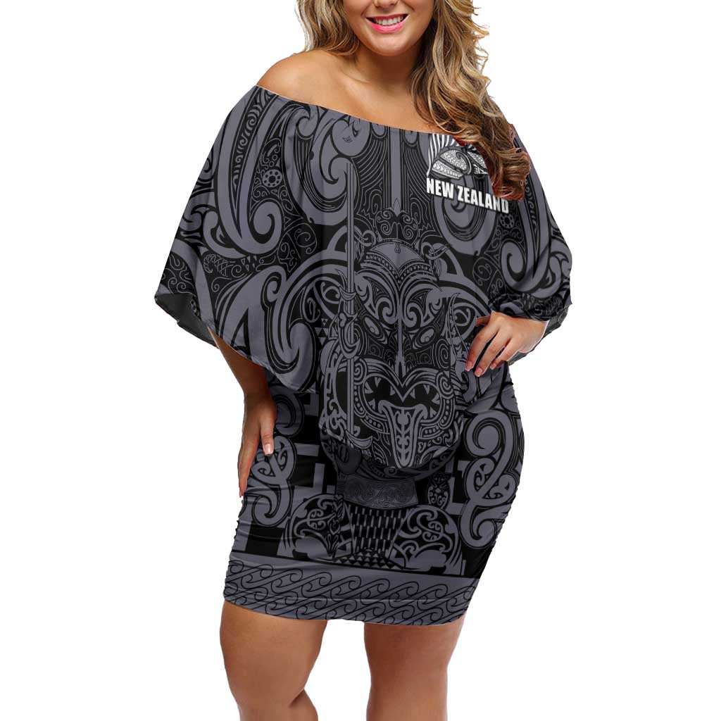 Custom New Zealand Taiaha Maori Family Matching Off Shoulder Short Dress and Hawaiian Shirt Minimalist Silver Fern All Black - Polynesian Pride