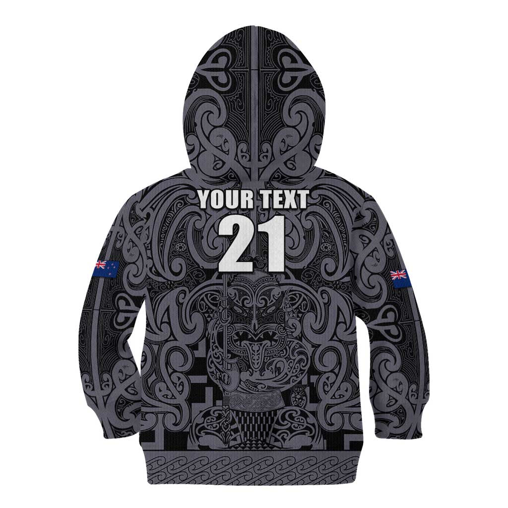 Custom New Zealand Taiaha Maori Kid Hoodie Minimalist Silver Fern All Black - Polynesian Pride