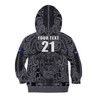 Custom New Zealand Taiaha Maori Kid Hoodie Minimalist Silver Fern All Black - Polynesian Pride