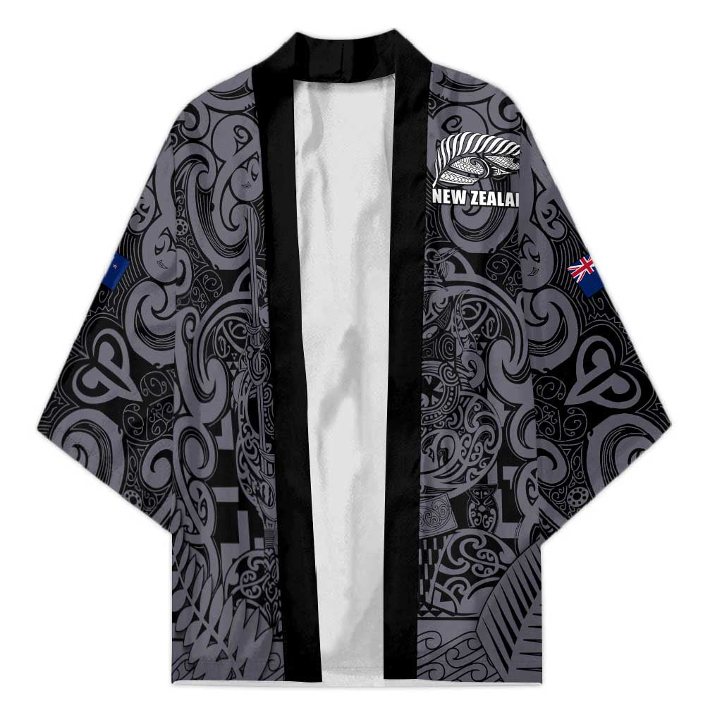 Custom New Zealand Taiaha Maori Kimono Minimalist Silver Fern All Black - Polynesian Pride