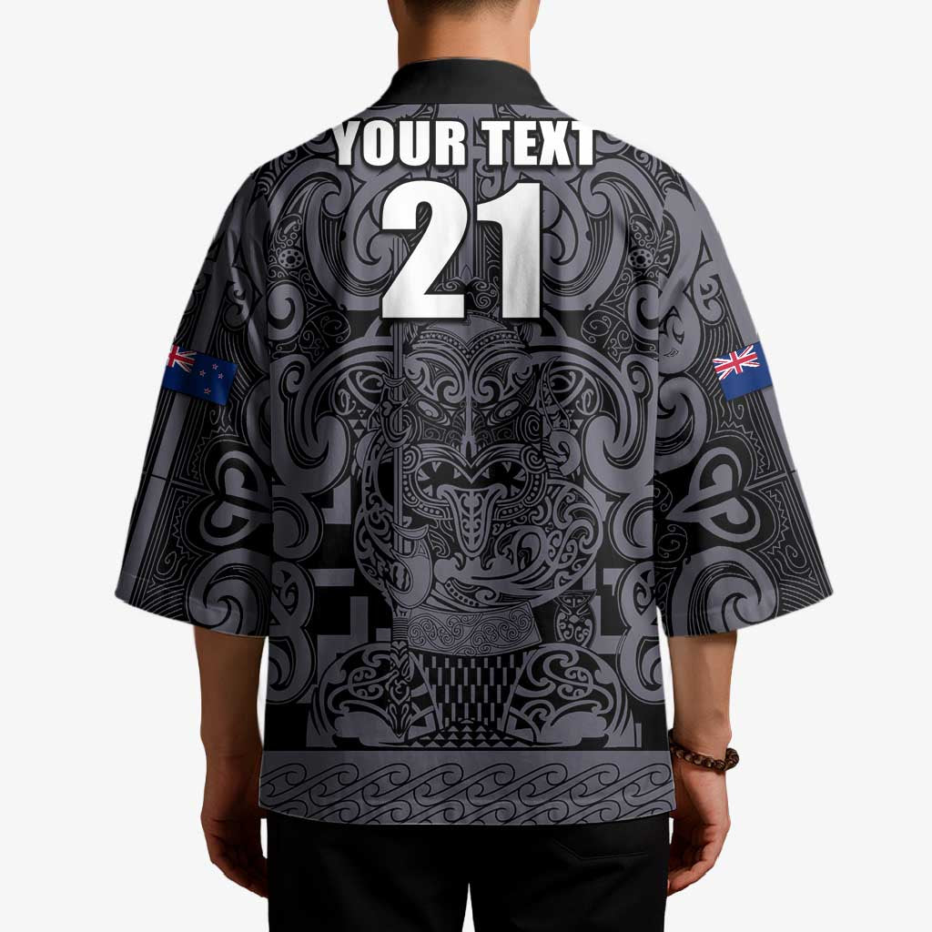 Custom New Zealand Taiaha Maori Kimono Minimalist Silver Fern All Black - Polynesian Pride