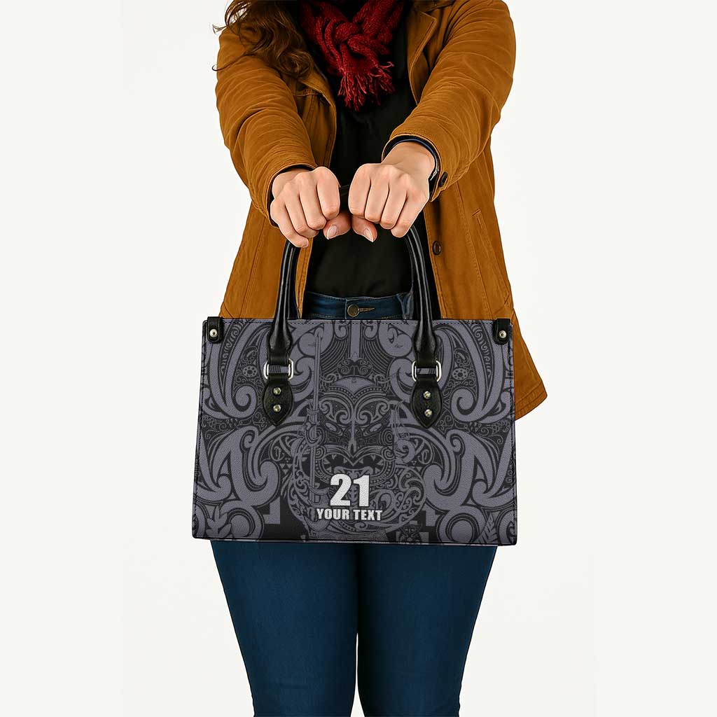 Custom New Zealand Taiaha Maori Leather Bag Minimalist Silver Fern All Black - Polynesian Pride