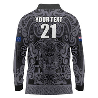 Custom New Zealand Taiaha Maori Long Sleeve Polo Shirt Minimalist Silver Fern All Black - Polynesian Pride