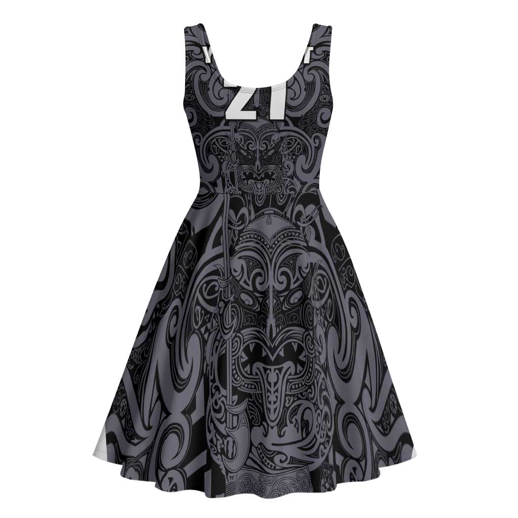 Custom New Zealand Taiaha Maori Midi Dress Minimalist Silver Fern All Black - Polynesian Pride