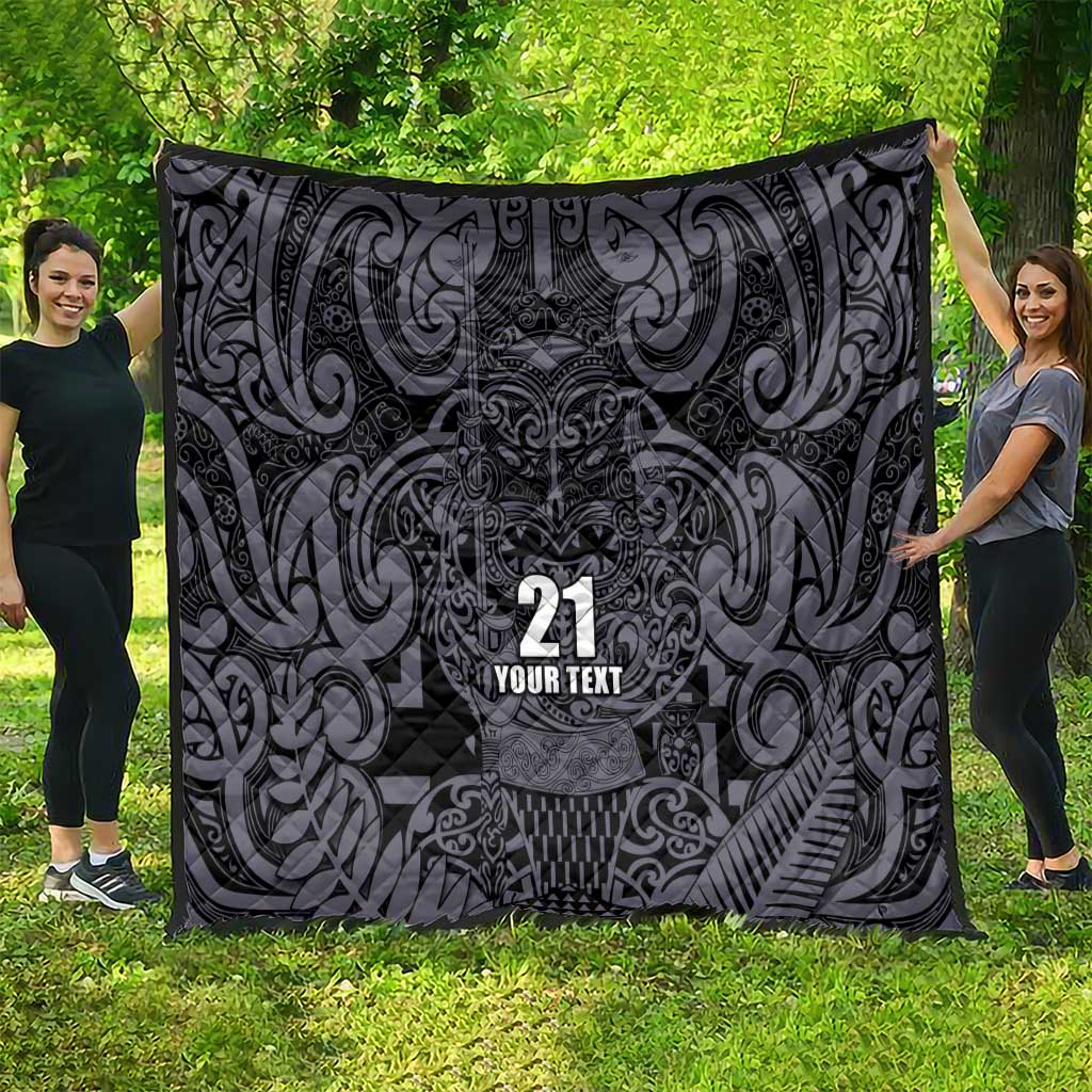 Custom New Zealand Taiaha Maori Quilt Minimalist Silver Fern All Black - Polynesian Pride