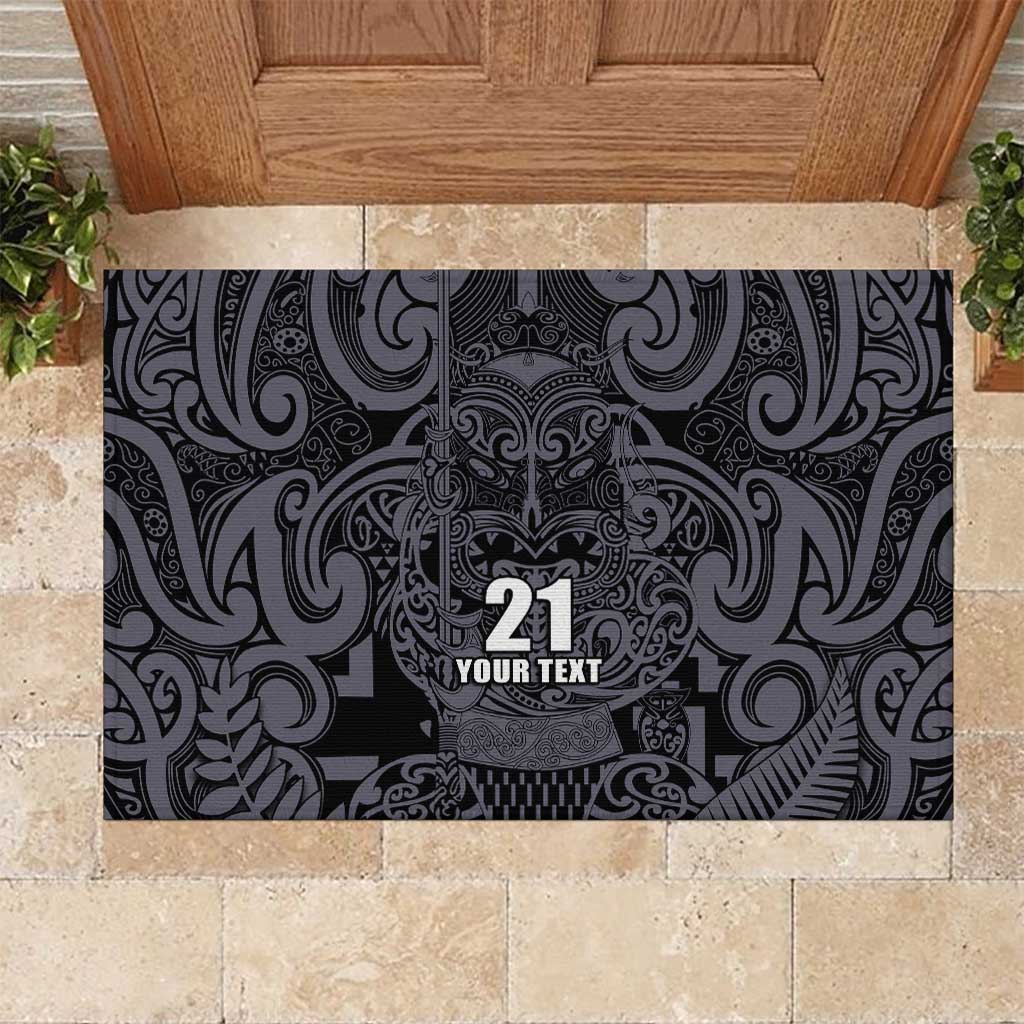 Custom New Zealand Taiaha Maori Rubber Doormat Minimalist Silver Fern All Black - Polynesian Pride