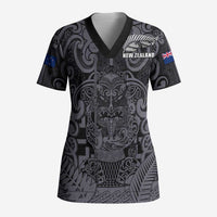 Custom New Zealand Taiaha Maori Scrub Top Minimalist Silver Fern All Black - Polynesian Pride