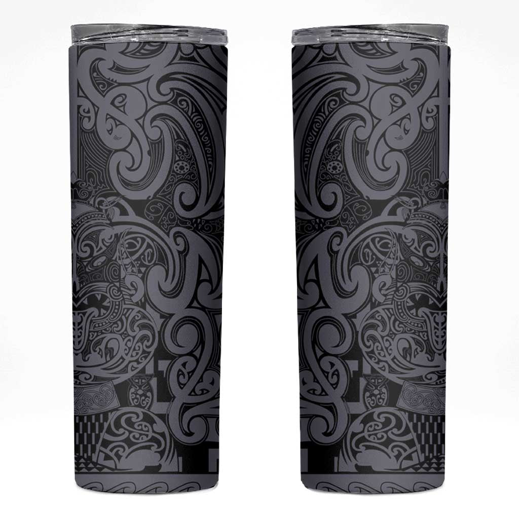 New Zealand Taiaha Maori Skinny Tumbler Minimalist Silver Fern All Black