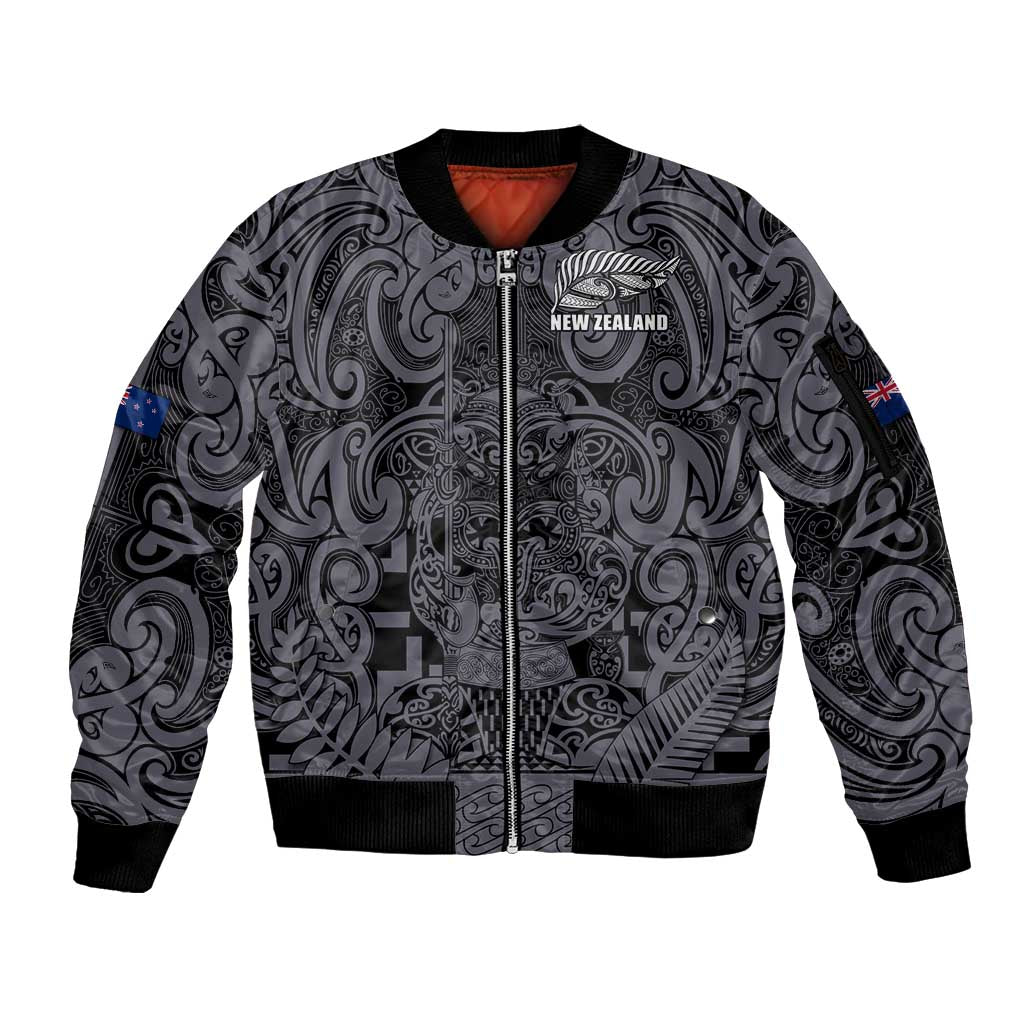 Custom New Zealand Taiaha Maori Sleeve Zip Bomber Jacket Minimalist Silver Fern All Black - Polynesian Pride