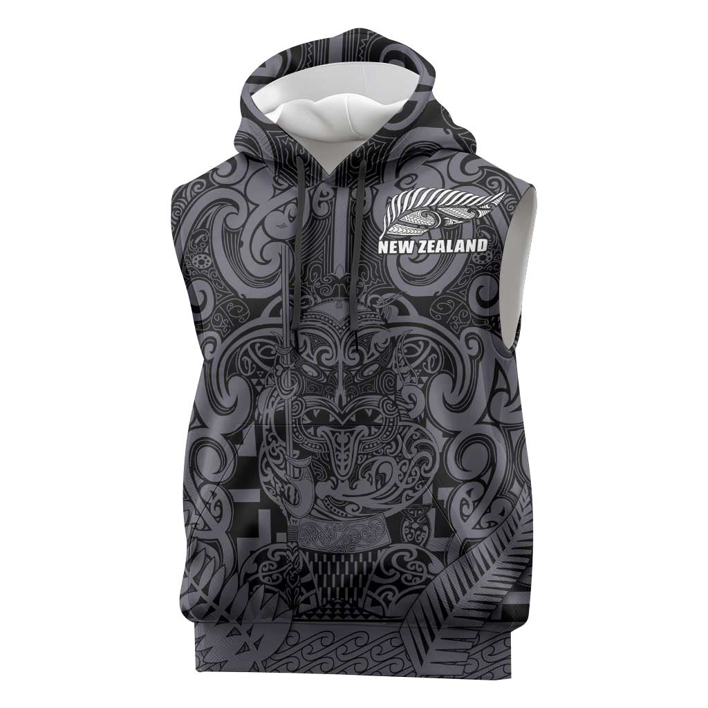 Custom New Zealand Taiaha Maori Sleeveless Hoodie Minimalist Silver Fern All Black - Polynesian Pride