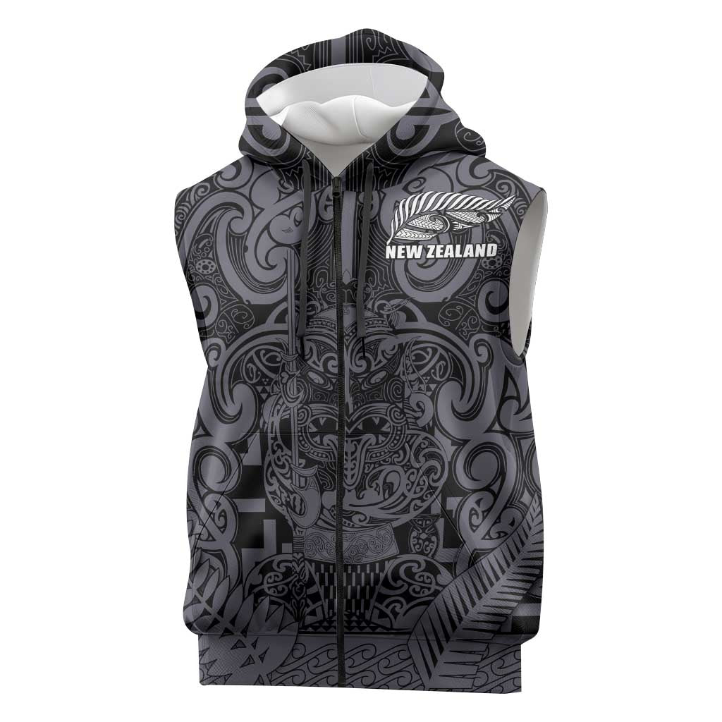 Custom New Zealand Taiaha Maori Sleeveless Zip Hoodie Minimalist Silver Fern All Black - Polynesian Pride