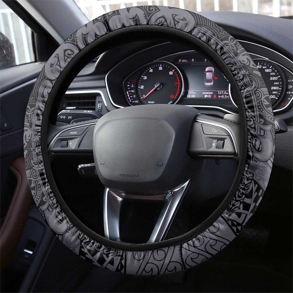 New Zealand Taiaha Maori Steering Wheel Cover Minimalist Silver Fern All Black - Polynesian Pride