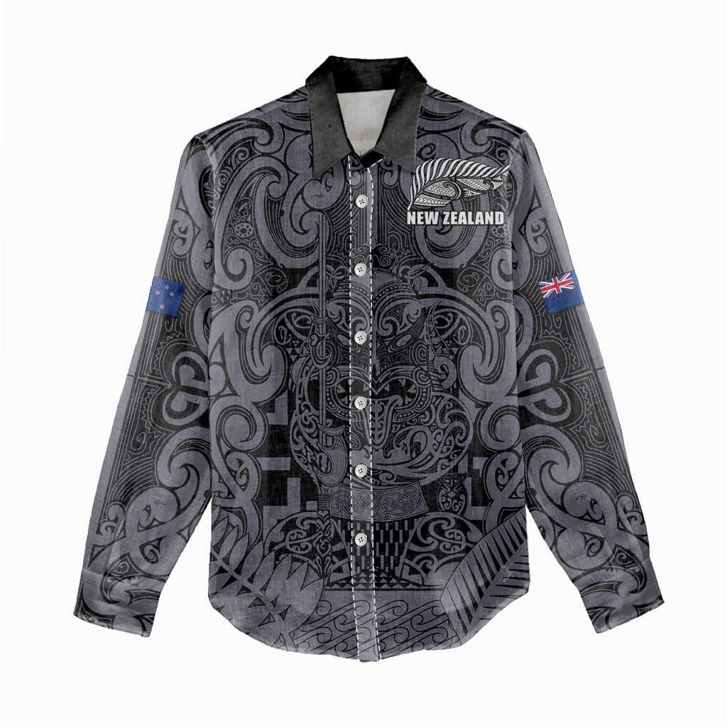 Custom New Zealand Taiaha Maori Women Casual Shirt Minimalist Silver Fern All Black LT9 - Polynesian Pride