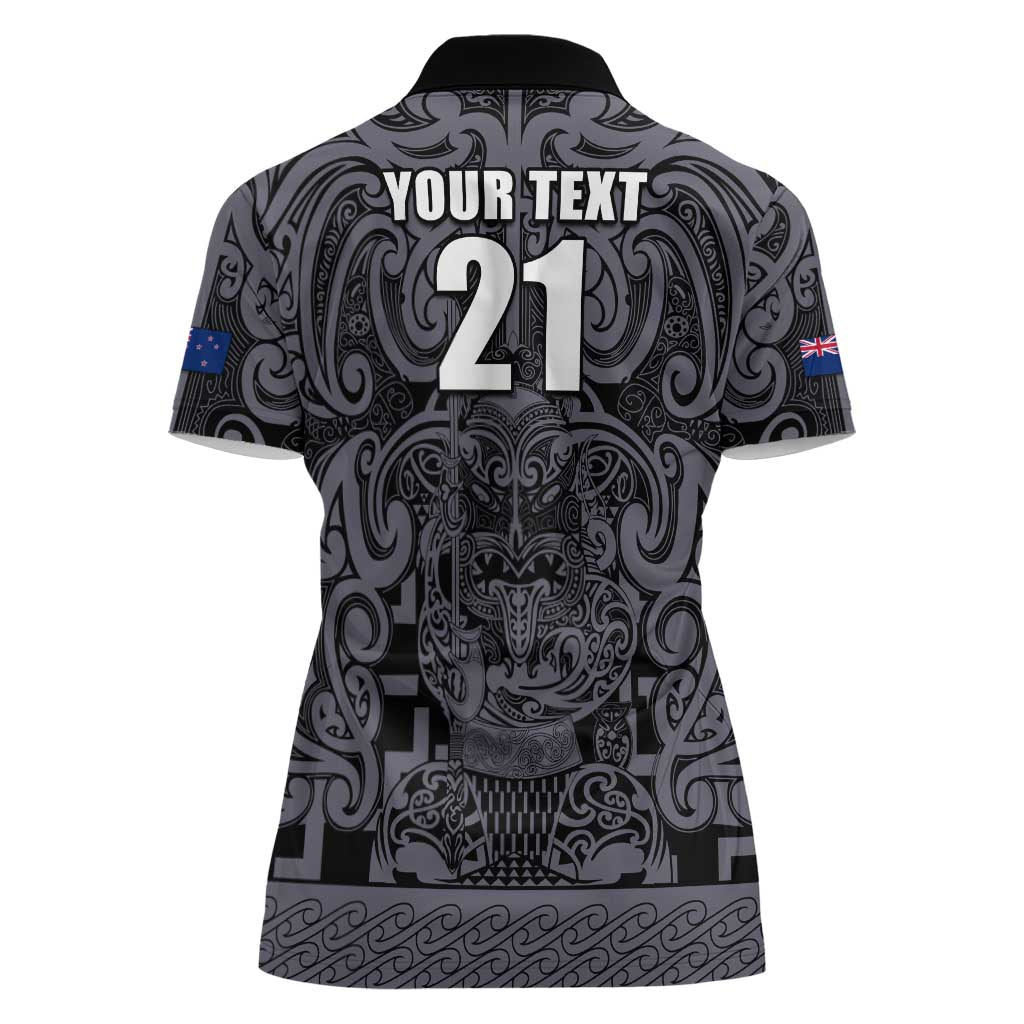Custom New Zealand Taiaha Maori Women Polo Shirt Minimalist Silver Fern All Black - Polynesian Pride