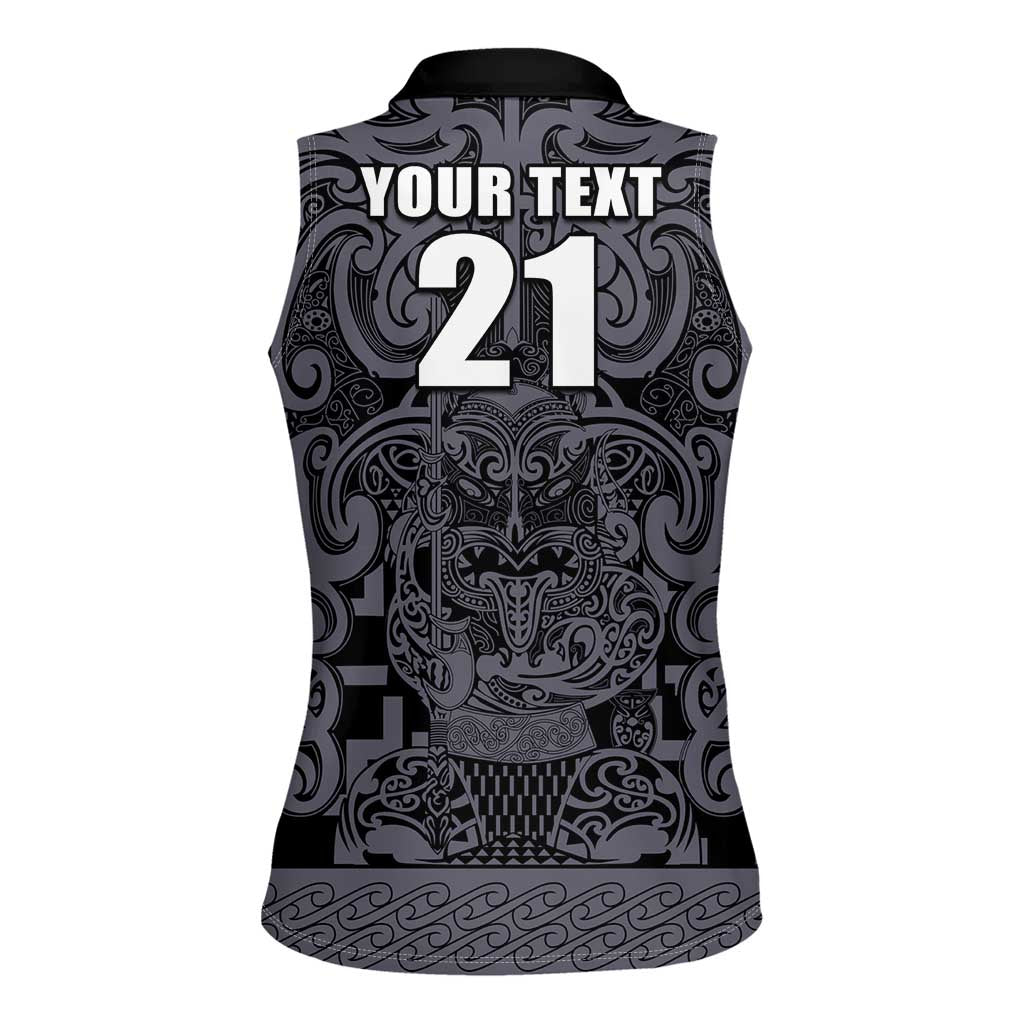 Custom New Zealand Taiaha Maori Women Sleeveless Polo Shirt Minimalist Silver Fern All Black - Polynesian Pride