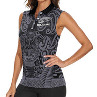 Custom New Zealand Taiaha Maori Women Sleeveless Polo Shirt Minimalist Silver Fern All Black - Polynesian Pride