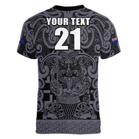 Custom New Zealand Taiaha Maori Women V-Neck T-Shirt Minimalist Silver Fern All Black LT9 - Polynesian Pride
