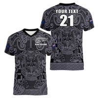 Custom New Zealand Taiaha Maori Women V-Neck T-Shirt Minimalist Silver Fern All Black LT9 - Polynesian Pride