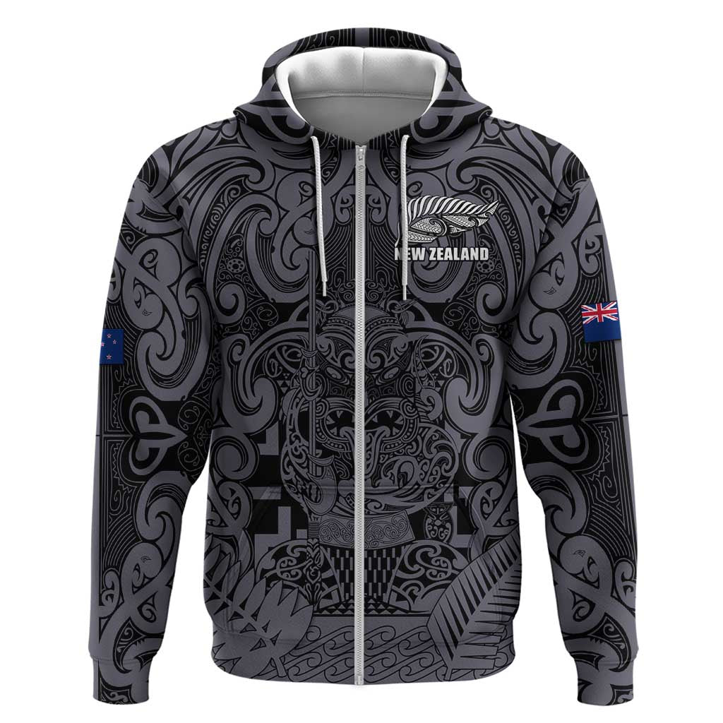 Custom New Zealand Taiaha Maori Zip Hoodie Minimalist Silver Fern All Black LT9 Zip Hoodie Black - Polynesian Pride