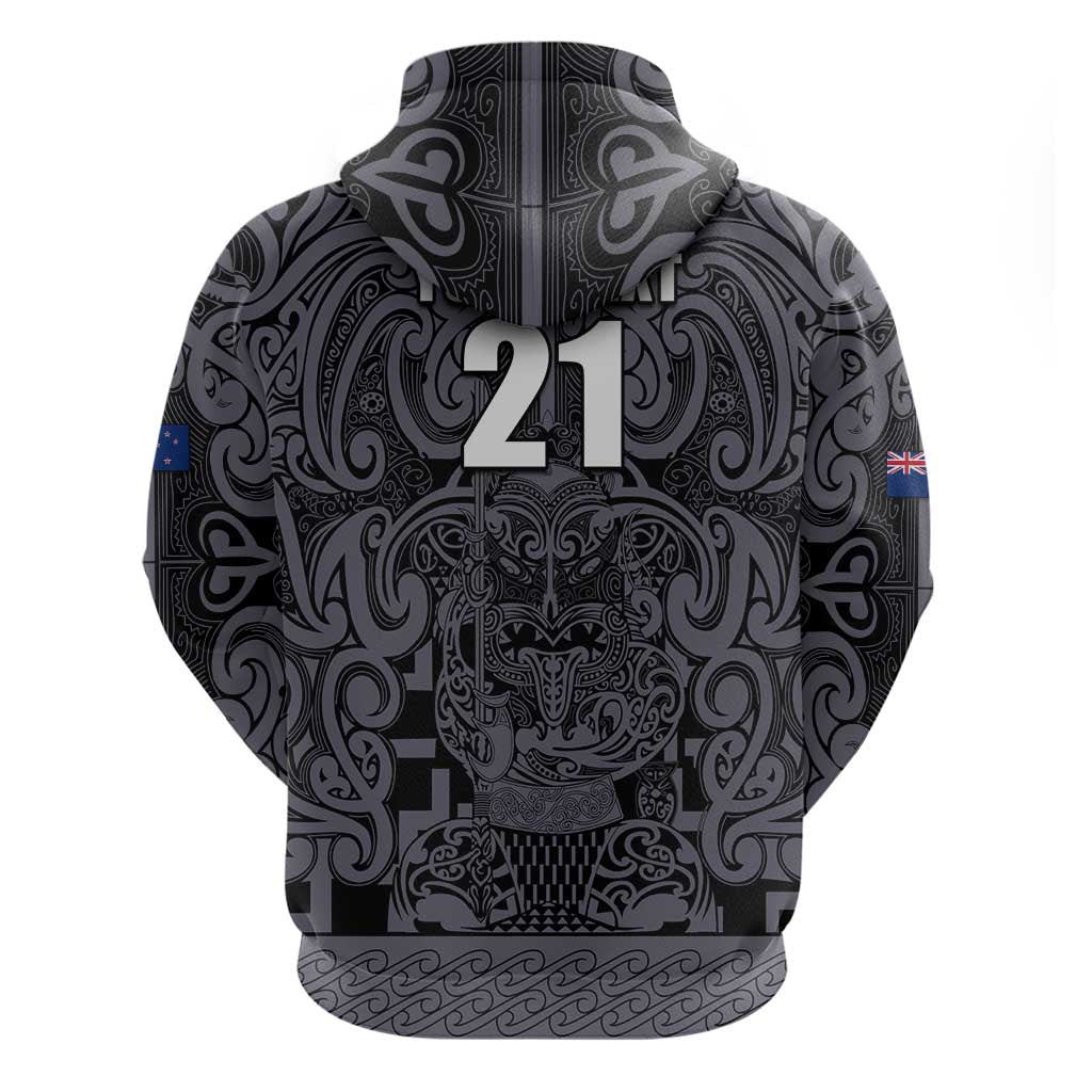 Custom New Zealand Taiaha Maori Zip Hoodie Minimalist Silver Fern All Black LT9 - Polynesian Pride