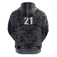 Custom New Zealand Taiaha Maori Zip Hoodie Minimalist Silver Fern All Black LT9 - Polynesian Pride