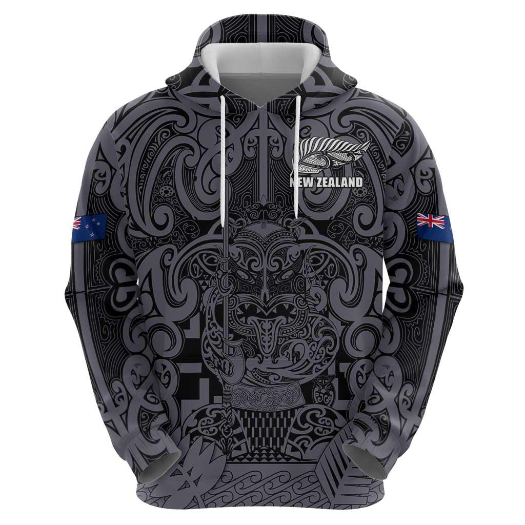 Custom New Zealand Taiaha Maori Zip Hoodie Minimalist Silver Fern All Black LT9 - Polynesian Pride