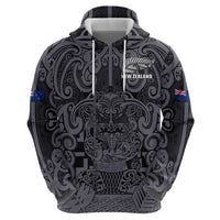 Custom New Zealand Taiaha Maori Zip Hoodie Minimalist Silver Fern All Black LT9 - Polynesian Pride