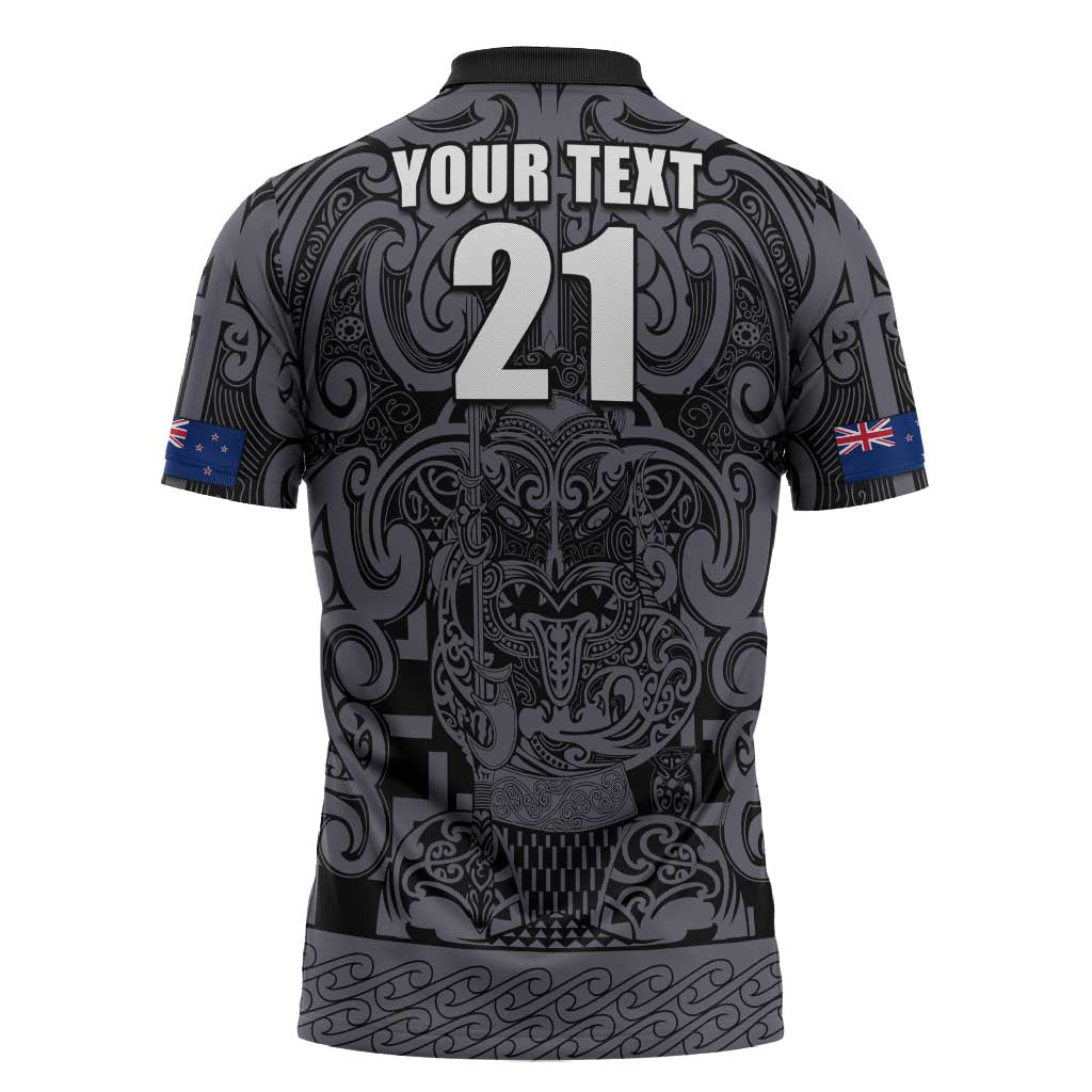 Custom New Zealand Taiaha Maori Zipper Polo Shirt Minimalist Silver Fern All Black - Polynesian Pride