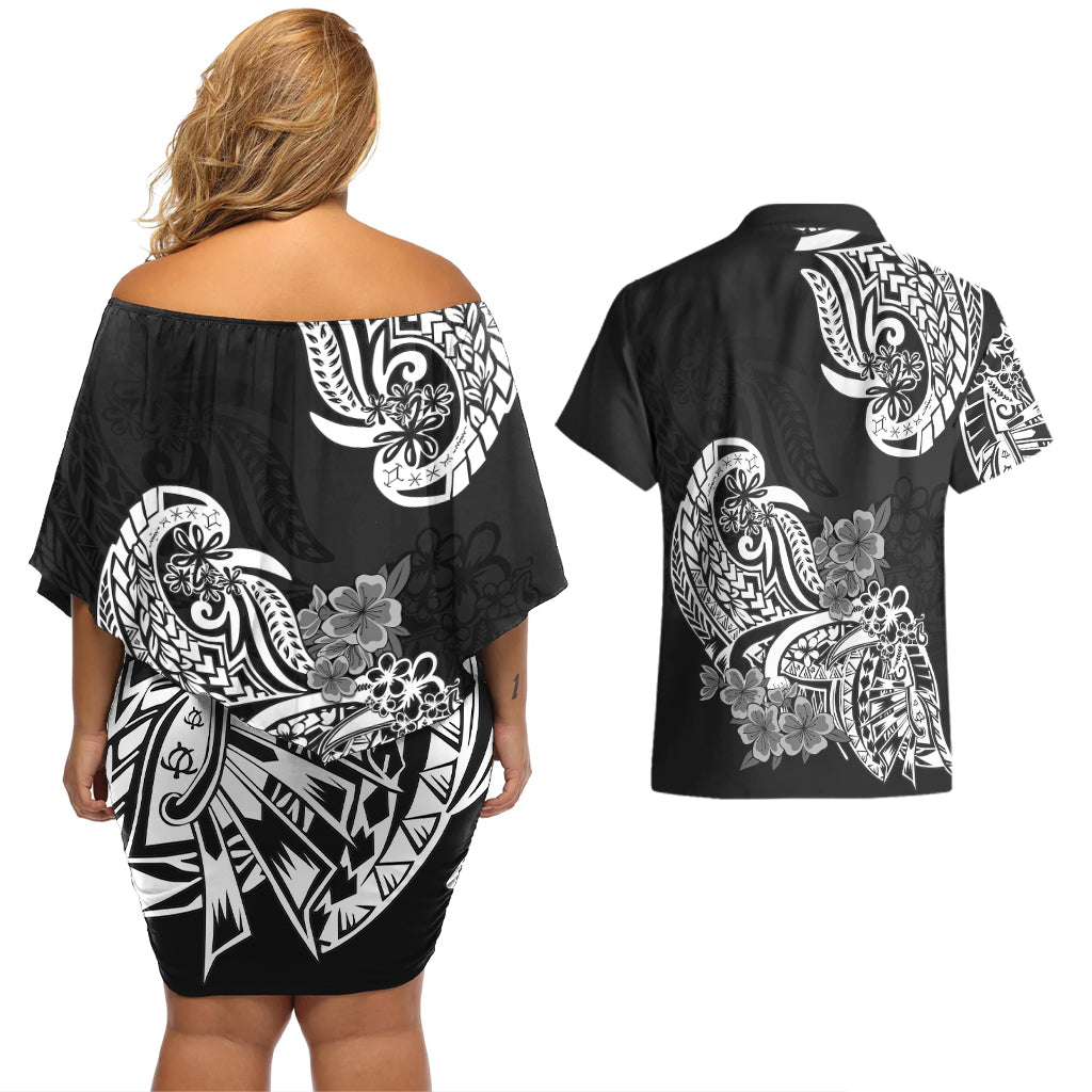 Polynesian Couples Matching Off Shoulder Short Dress and Hawaiian Shirt Pacific Flower Mix Floral Tribal Tattoo Black Vibe LT9 - Polynesian Pride