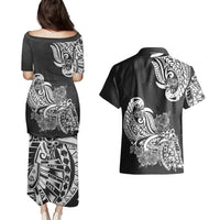 Polynesian Couples Matching Puletasi Dress and Hawaiian Shirt Pacific Flower Mix Floral Tribal Tattoo Black Vibe LT9 - Polynesian Pride