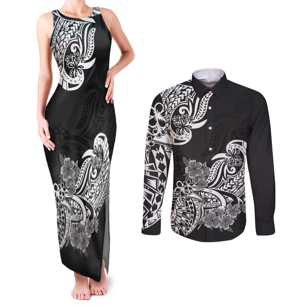 Polynesian Couples Matching Tank Maxi Dress and Long Sleeve Button Shirts Pacific Flower Mix Floral Tribal Tattoo Black Vibe LT9 Black - Polynesian Pride