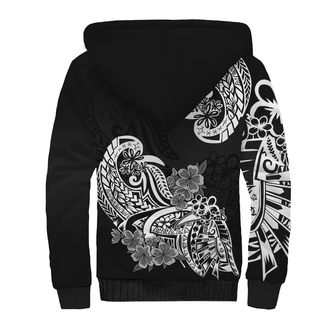 Polynesian Sherpa Hoodie Pacific Flower Mix Floral Tribal Tattoo Black Vibe LT9 - Polynesian Pride