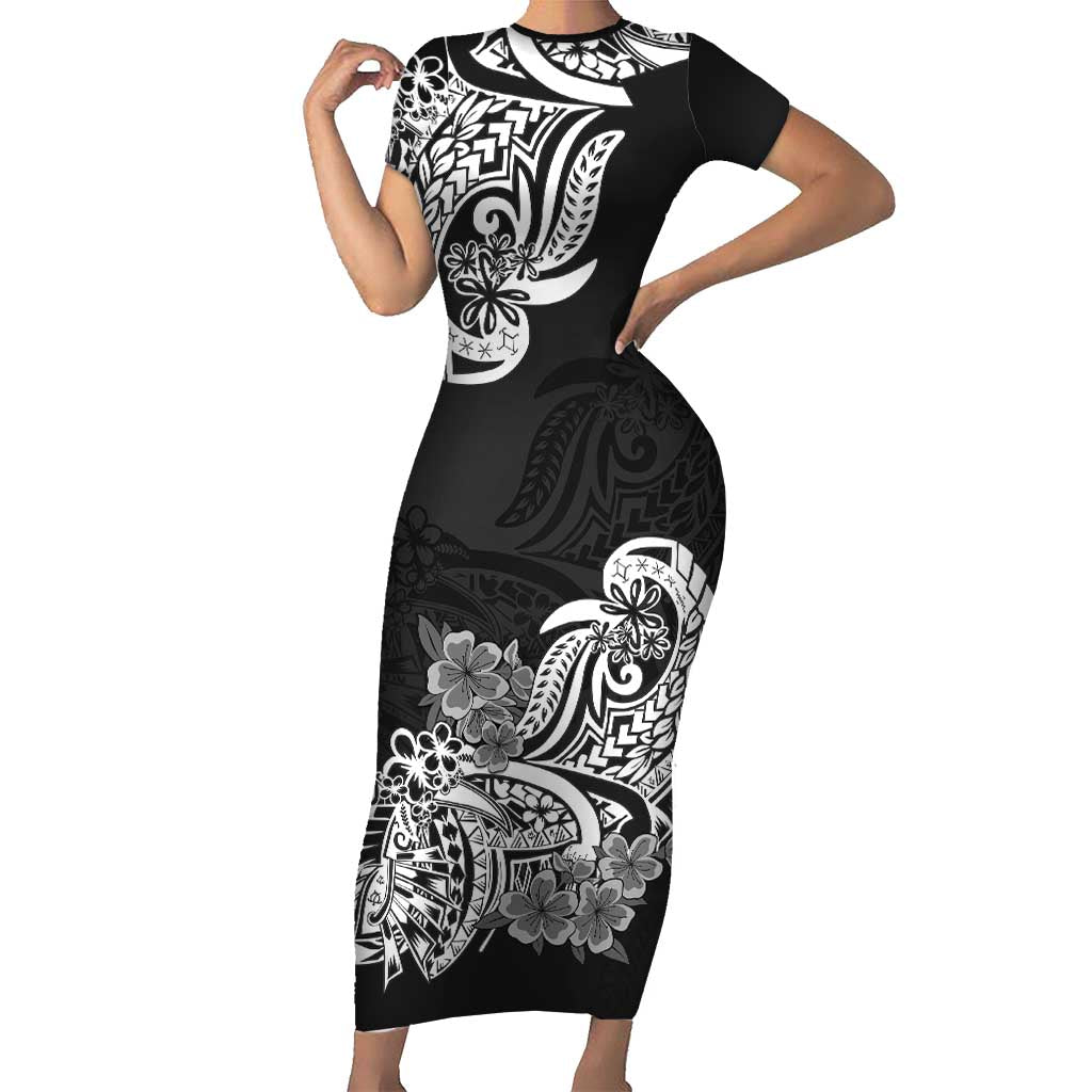 Polynesian Short Sleeve Bodycon Dress Pacific Flower Mix Floral Tribal Tattoo Black Vibe LT9