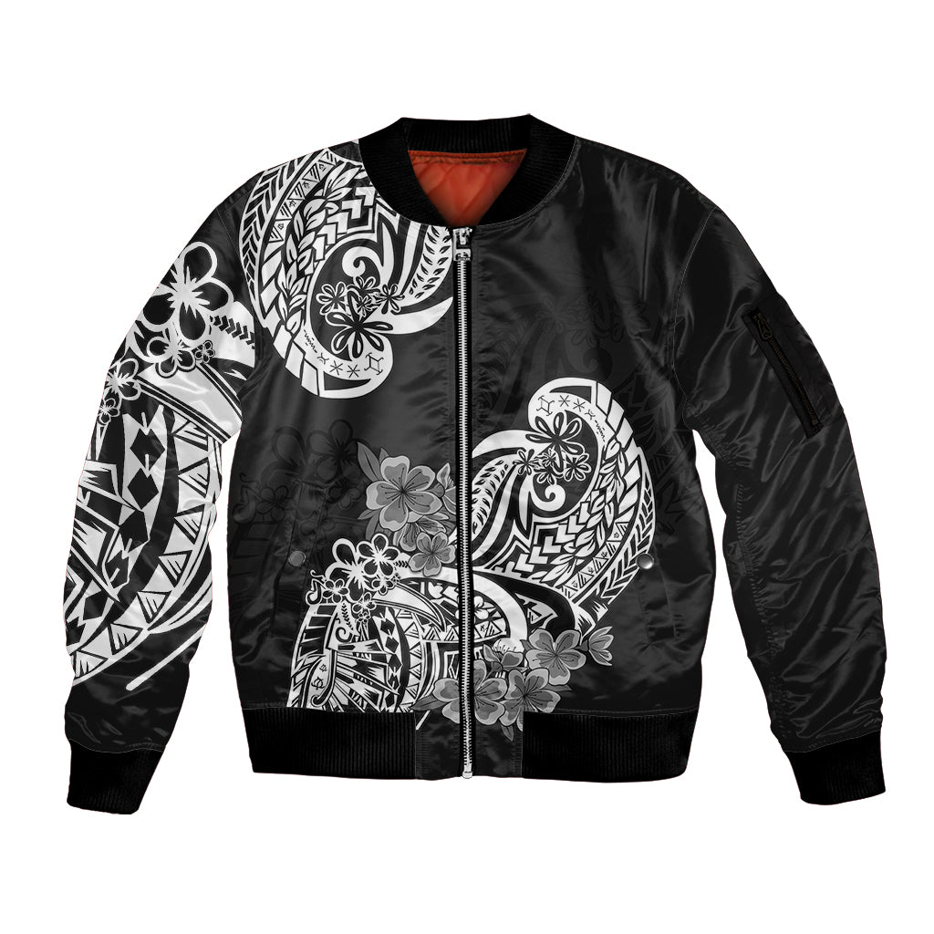 Polynesian Sleeve Zip Bomber Jacket Pacific Flower Mix Floral Tribal Tattoo Black Vibe LT9 Unisex Black - Polynesian Pride