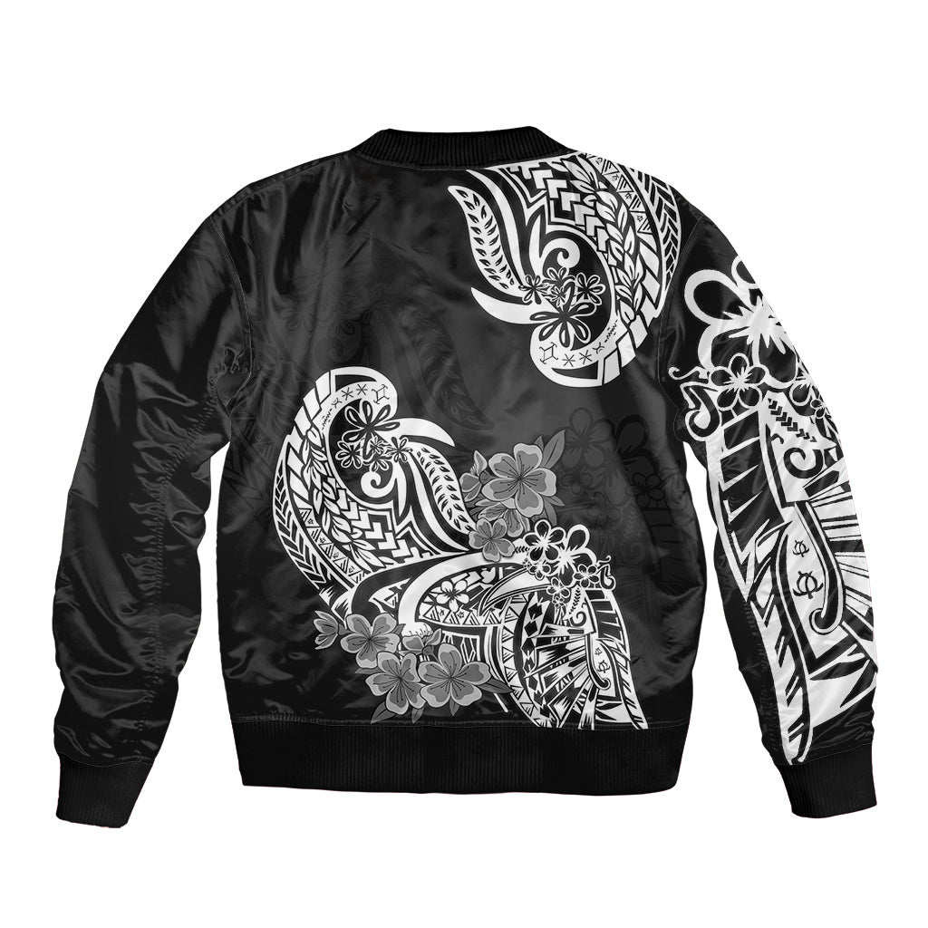 Polynesian Sleeve Zip Bomber Jacket Pacific Flower Mix Floral Tribal Tattoo Black Vibe LT9 - Polynesian Pride