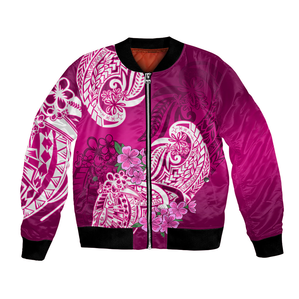 Polynesian Bomber Jacket Pacific Flower Mix Floral Tribal Tattoo Pink Vibe LT9 Unisex Pink - Polynesian Pride