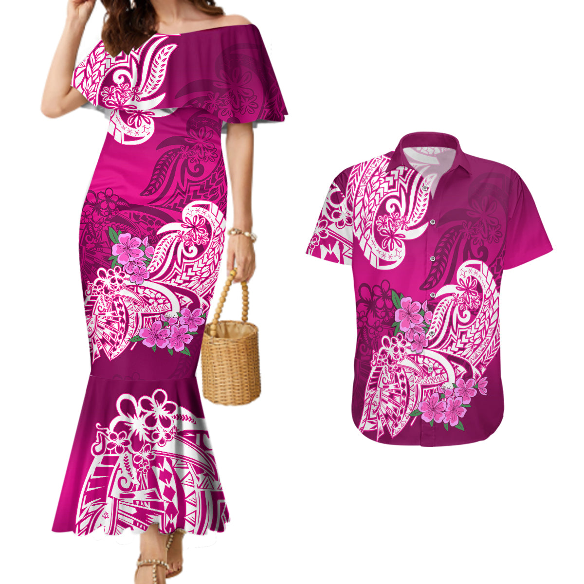 Polynesian Couples Matching Mermaid Dress And Hawaiian Shirt Pacific Flower Mix Floral Tribal Tattoo Pink Vibe LT9 Pink - Polynesian Pride