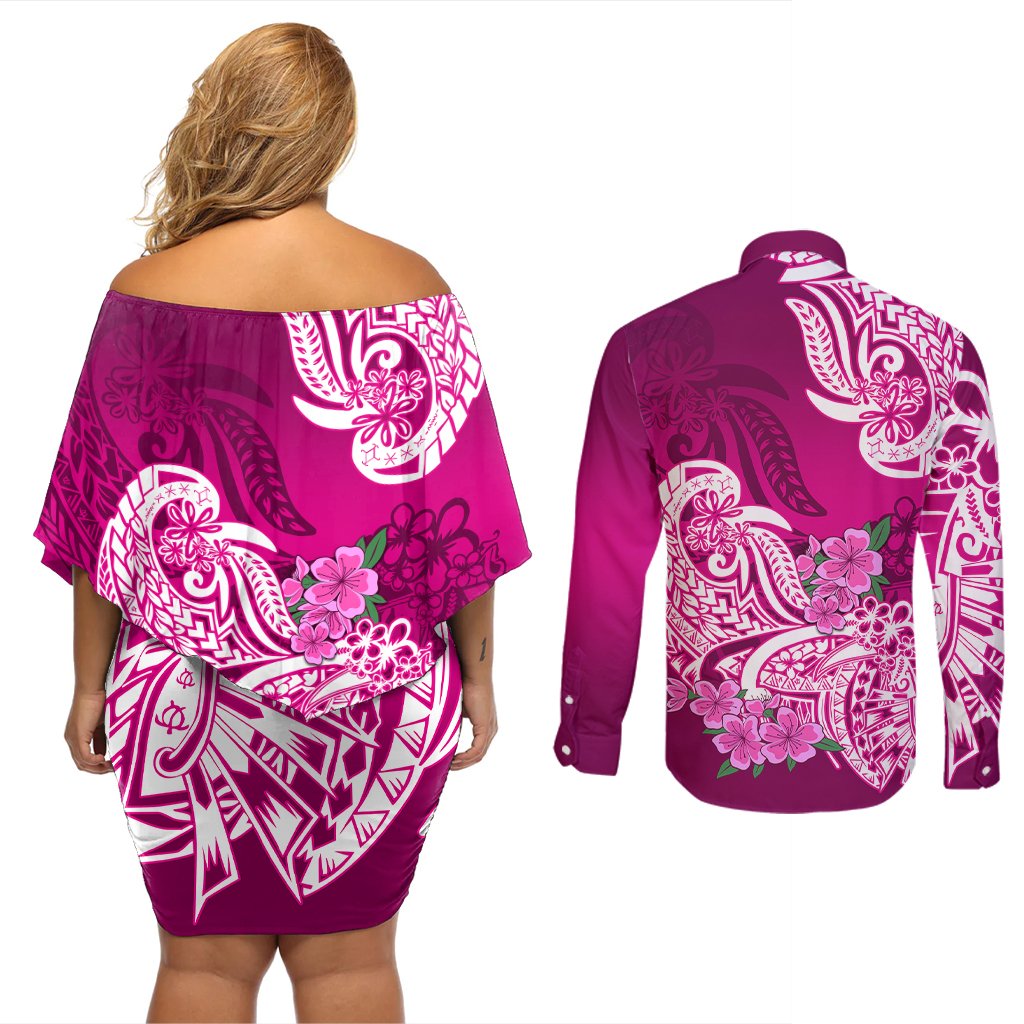 Polynesian Couples Matching Off Shoulder Short Dress and Long Sleeve Button Shirts Pacific Flower Mix Floral Tribal Tattoo Pink Vibe LT9 - Polynesian Pride