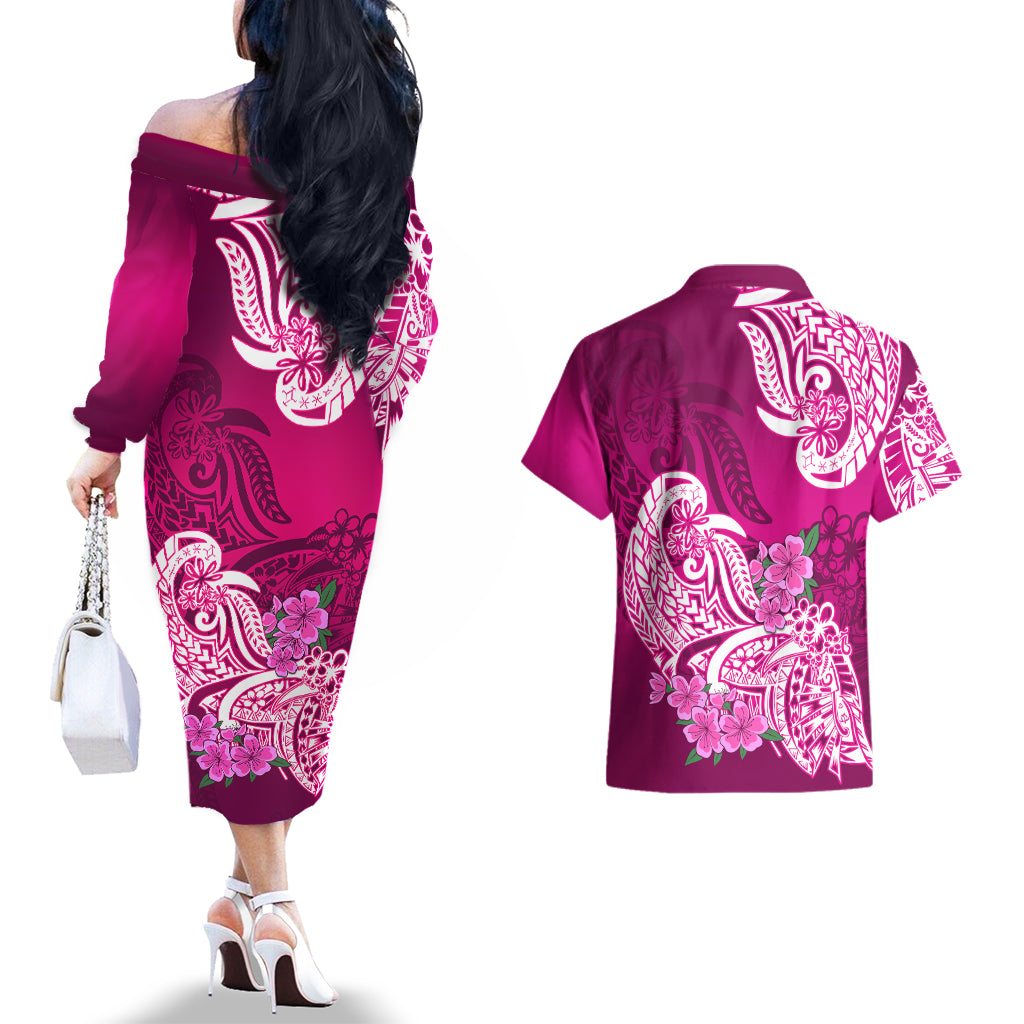 Polynesian Couples Matching Off The Shoulder Long Sleeve Dress and Hawaiian Shirt Pacific Flower Mix Floral Tribal Tattoo Pink Vibe LT9 - Polynesian Pride